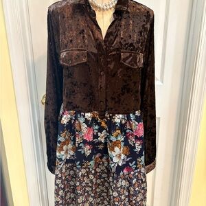 ODDI WOMAN’S LG CRUSHED BROWN VELVET BODICE WITH FLORAL SKIRT BOHO DRESS